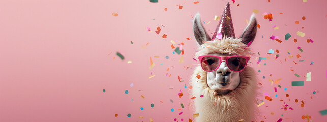 Obraz premium Funny pink llama alpaca in sunglasses and birthday cap with confetti flying all around on pastel pink background. Birthday card concept.