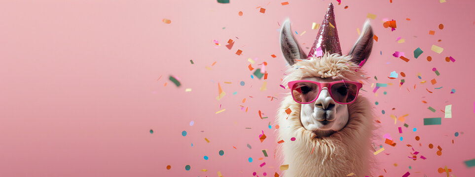 Funny pink llama alpaca in sunglasses and birthday cap with confetti flying all around on pastel pink background. Birthday card concept.