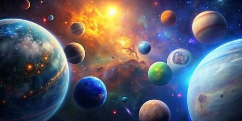 A realistic depiction of a cluster of bright, colorful and animated planets.