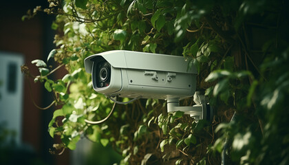 video surveillance in the yard of a house in the trees. security property protection.