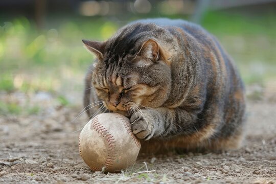 Obese cat play baseball 