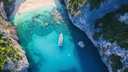 scene in the blue sea luxury tourist boat  - obrazy, fototapety, plakaty
