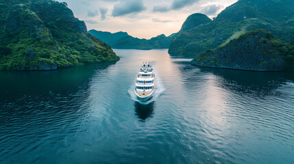 luxury tourist boat on the lake - obrazy, fototapety, plakaty