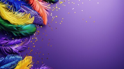 Feathers on a purple background, suitable for design with copy space, Mardi Gras celebration