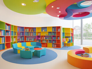 A contemporary library witha vibrant childrens
