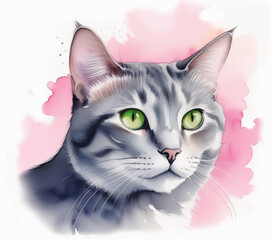 Watercolor portrait of grey cat on pink watercolor background