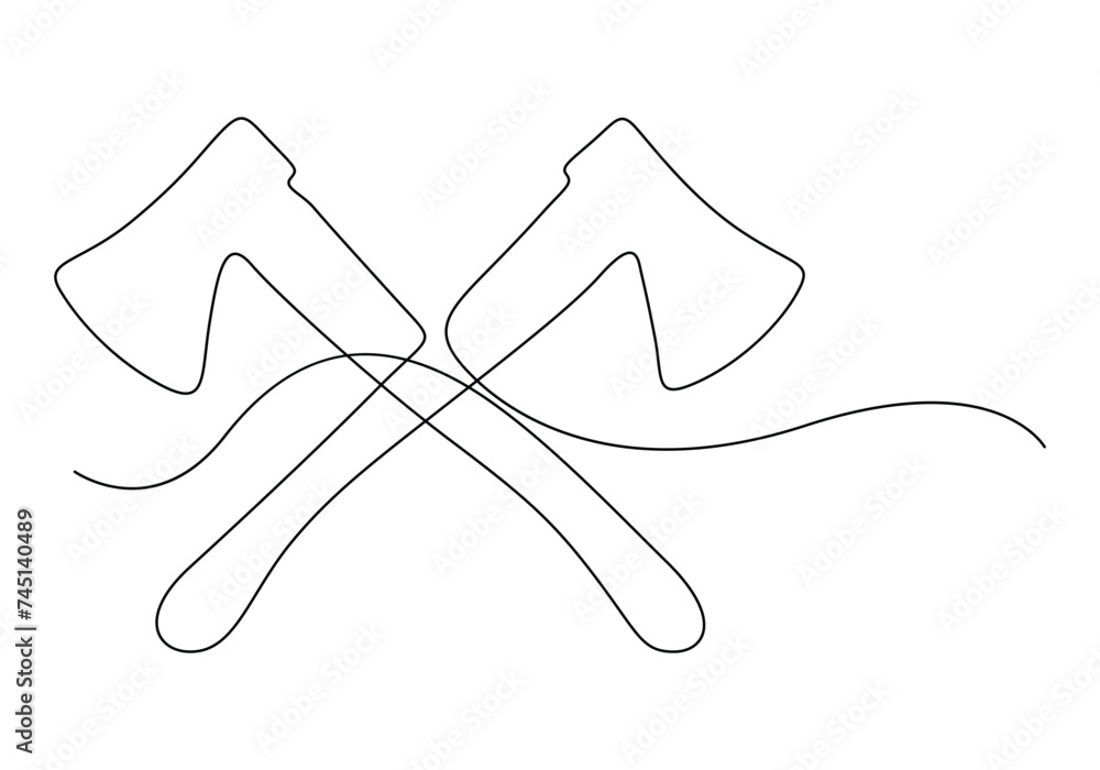 Aufkleber continuous one line drawing of axe carpentry tool. two axes crossed vector illustration. pro vector
