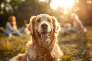 Happy golden retriever playing with family in the bokeh background in the garden against a sunlight. Funny pet concept.