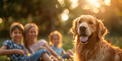 Happy golden retriever playing with family in the bokeh background in the garden against a sunlight. Funny pet concept.