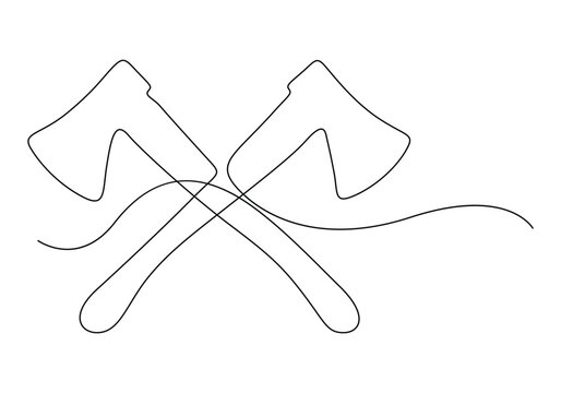 Continuous one line drawing of axe carpentry tool. Two axes crossed vector illustration. Pro vector