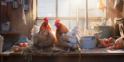 Colorful Chickens Perched in a Rustic Barn. - Powered by Adobe