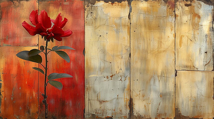 Red Flower Painting Against Wooden Wall