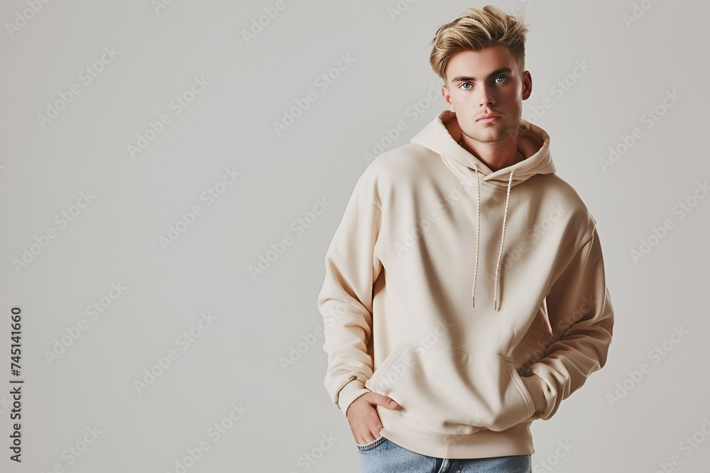 Wall mural Male young model in beige blank hoodie on gray background. Clothes mockup. AI Generative. Space for design, print and showcasing.