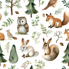 Watercolor pattern with unusual fairy forest hybrids animals on white background. Children's rooms wallpapers. Design for clothes, apparel printing, poster or cover. AI Generative