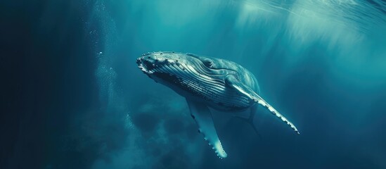 A humpback whale calf gracefully swims in the blue ocean water, moving its large flippers and tail in a rhythmic motion. The majestic creature exudes power and grace as it navigates its underwater