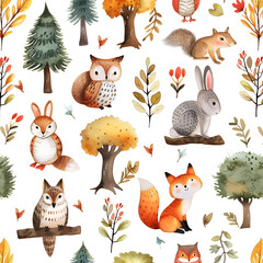 Seamless Watercolor pattern with unusual fairy forest hybrids animals on white background. Children's rooms wallpapers. Design for clothes, apparel printing, poster or cover. AI Generative