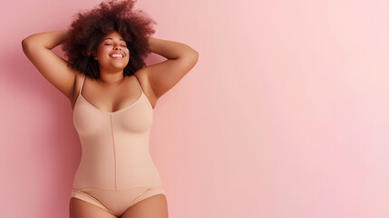 Body positivity, happy smiling plus size model in flesh color underwear on pink background, copy space for text. Generative AI