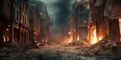 Fiery Blaze Engulfs an Apocalyptic Street. - obrazy, fototapety, plakaty