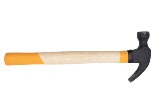 Top view of a hammer with a wooden handle isolated on a transparent background