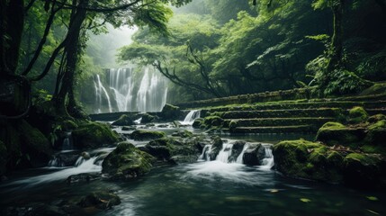 Naklejka na ściany i meble a gentle waterfall cascading through lush greenery, creating a serene and calming atmosphere
