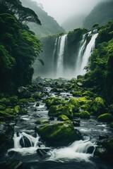 Fototapeta premium a gentle waterfall cascading through lush greenery, creating a serene and calming atmosphere