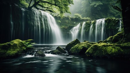 a gentle waterfall cascading through lush greenery, creating a serene and calming atmosphere - obrazy, fototapety, plakaty