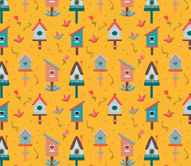 Cute seamless pattern with birds, bird houses, tulips,  leaves for childrens textiles, wallpapers. Cartoon doodle  line flat Vector Illustration.
