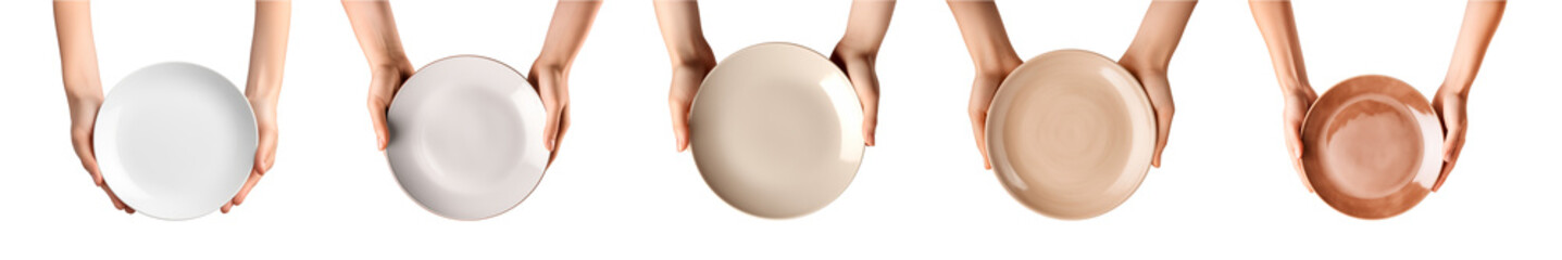 Collection of hand holds empty plate on transparent background, top view - obrazy, fototapety, plakaty