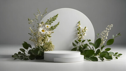 Podium, flower mockup for template, cosmetics, leaves, natural cosmetics, ecology