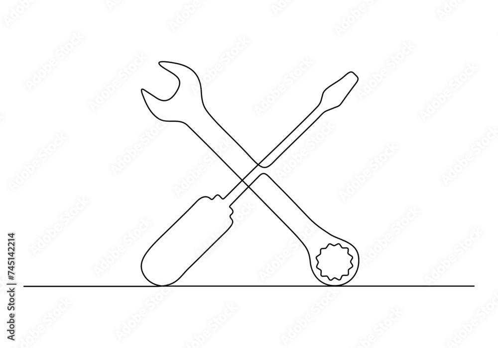 Poster continuous one line drawing of wrench and screwdriver. isolated on white background vector illustrat