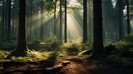 A dense forest bathed in soft sunlight, evoking a feeling of tranquility as the trees seem to share nature's secrets