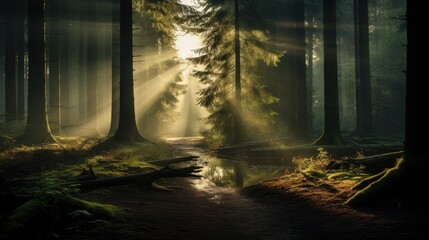 Obraz premium A dense forest bathed in soft sunlight, evoking a feeling of tranquility as the trees seem to share nature's secrets