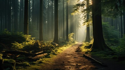 A dense forest bathed in soft sunlight, evoking a feeling of tranquility as the trees seem to share nature's secrets - obrazy, fototapety, plakaty
