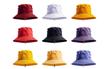 Collection of colorful bucket hats isolated on white or transparent background