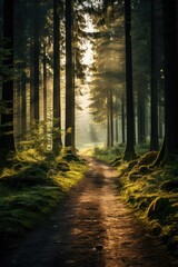 Fototapeta premium A dense forest bathed in soft sunlight, evoking a feeling of tranquility as the trees seem to share nature's secrets