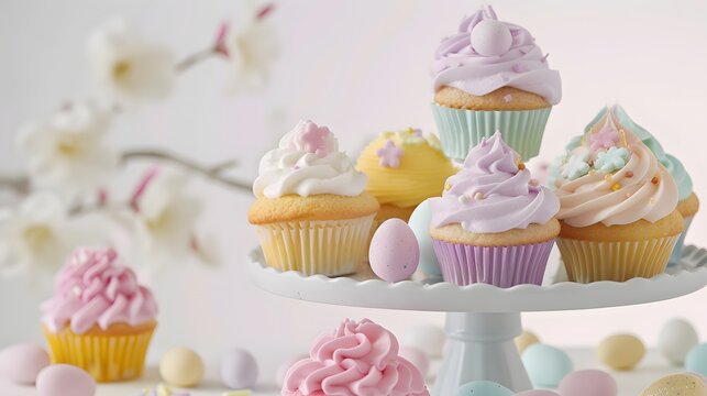 A high-quality image of Easter cupcakes with pastel frostings and sugar decorations, displayed on a tiered stand, white backdrop
