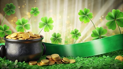 Pot of gold and clover leaves. St.Patrick's Day background
