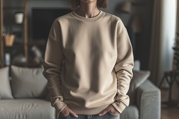 Cozy Chic: Woman's Sweater Mockup, Casual Elegance: Woman Wearing Sweater Mockup