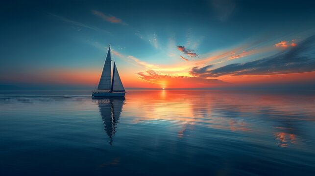 Aerial view of a lone sailboat sailing the ocean