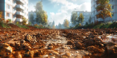 Obraz premium Construction in a new neighborhood, building a road, new homes, neighborhoods and cities. Construction of a new road in a new city