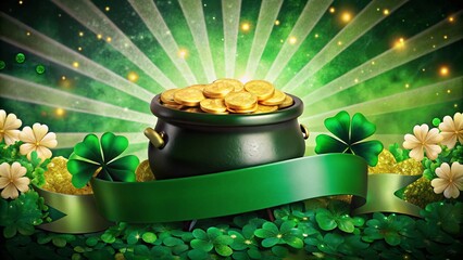Pot of gold and clover leaves. St.Patrick's Day background - obrazy, fototapety, plakaty