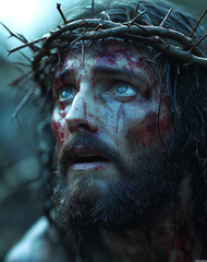Jesus Christ crucyfied wearing crown of thorns Passion and Resurection. Good Friday. Generative AI