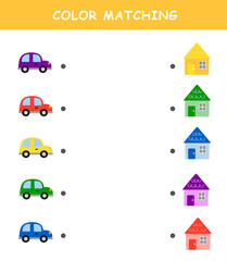 Color matching game for preschool kids. Color Matching Activities for Toddlers. Fun puzzle with Cute cartoon cars. Color matching worksheet for children.