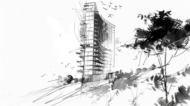 マンションのある都市風景のスケッチ画