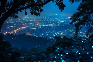 A vast, undulating canopy stretches across the horizon, its bioluminescent leaves casting a gentle glow over a sprawling metropolis below.