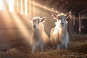 Obraz premium Serene Goats in Straw-Filled Barn with Sun Rays.