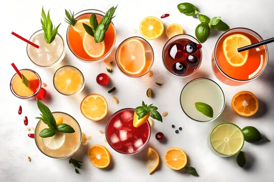 Set of different delicious cocktails on white background, top view