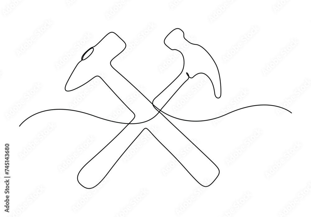 Poster continuous single line drawing of hammer carpentry tool. hammer icon vector illustration. free vecto