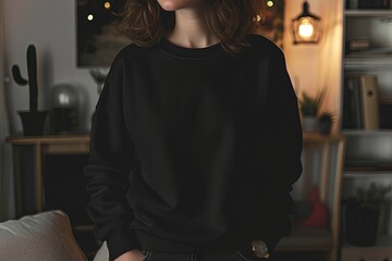 Cozy Chic: Woman's Sweater Mockup, Casual Elegance: Woman Wearing Sweater Mockup - obrazy, fototapety, plakaty