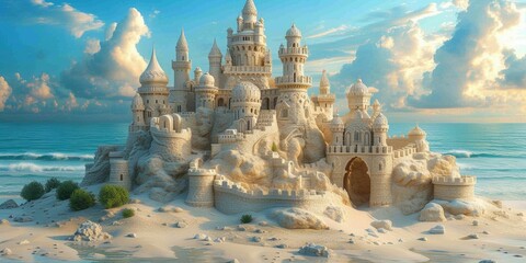 a mesmerizingly detailed sand castle boasting fantasy-inspired features and intricate finishes, a true testament to imagination. ai generated - obrazy, fototapety, plakaty